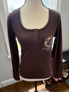 Janis Joplin Graphic Brown Long Sleeve Henley Tee size medium